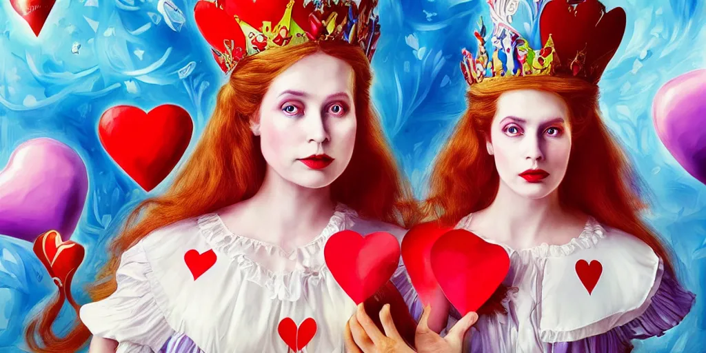 Image similar to The Queen Of Hearts, Alice in wonderland, colorful, wide angle, super highly detailed, professional digital painting, artstation, concept art, smooth, sharp focus, no blur, no dof, extreme illustration, Unreal Engine 5, Photorealism, HD quality, 8k resolution, cinema 4d, 3D, beautiful, cinematic, art by artgerm and greg rutkowski and alphonse mucha and loish and WLOP