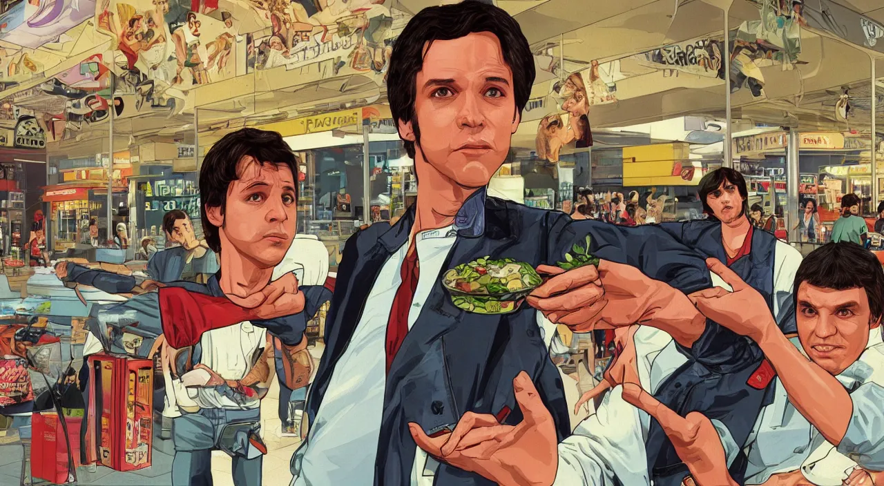 Image similar to GTA V illustration of 1980s Ralph Macchio on the cover of GTA V, in the food court of a 1980’s shopping mall