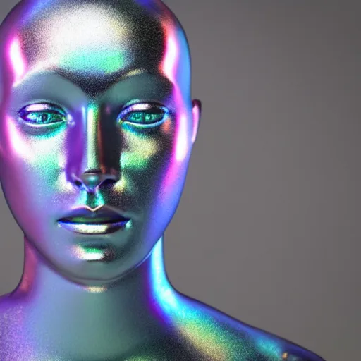 Image similar to 3d render of holographic human robotic head made of glossy iridescent, surrealistic 3d illustration of a human face non-binary, non binary model, 3d model human, cryengine, made of holographic texture, holographic material, holographic rainbow, concept of cyborg and artificial intelligence