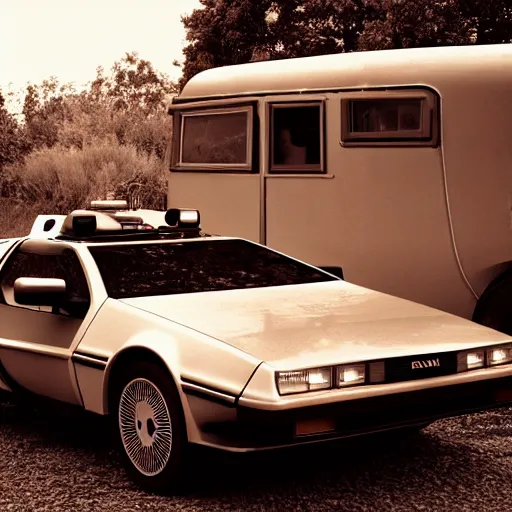 Prompt: a monochromatic sepia photograph of a delorean in a pioneer caravan, trending on art station,