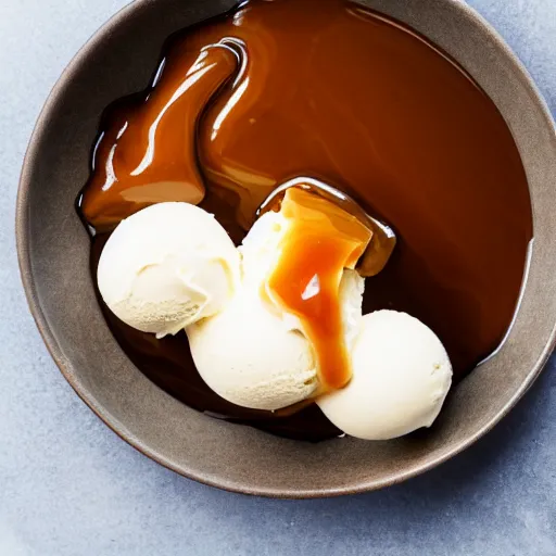 Image similar to closeup of a bowl with three balls of plain vanilla ice cream with caramel sauce. Simplistic. Food photography.