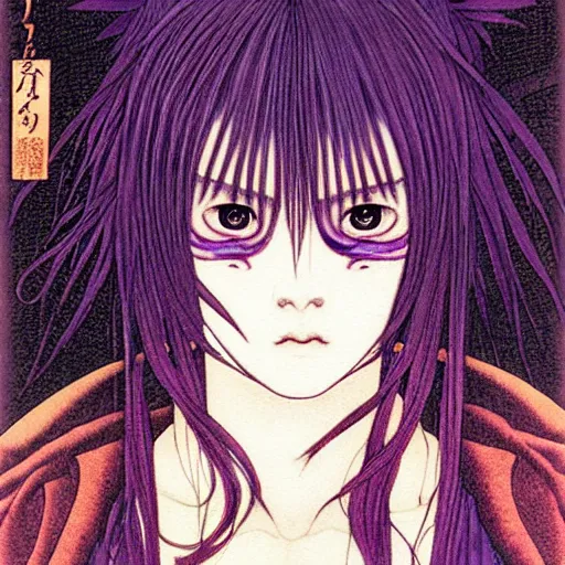 Prompt: prompt : portrait of muse soft light painted by takato yamamoto, purple rinnegan eyes, inspired by ninja anime, smooth face feature, intricate oil painting, high detail, sharp high detail, manga and anime