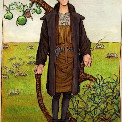 Image similar to realistic portrait of a slender elven man, standing in an apple orchard, dressed in medieval clothes, very handsome, fantasy, dungeons and dragons