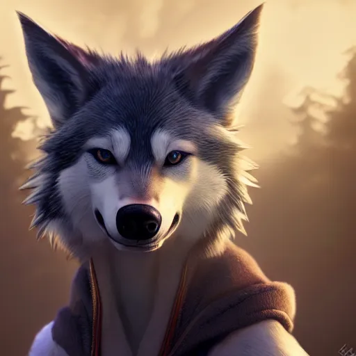 Image similar to photo realistic image of sora from kingdom hearts as an anthropomorphic wolf, stunning 3 d render inspired art by istvan sandorfi and greg rutkowski, perfect facial symmetry, realistic, highly detailed attributes and atmosphere, dim volumetric cinematic lighting,