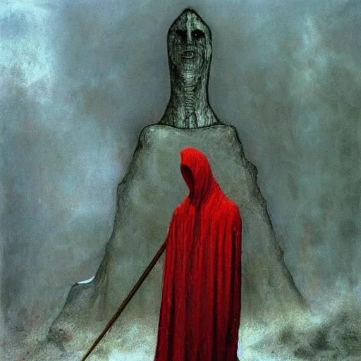 Prompt: The faceless god of chaos in a hood with a scarlet scythe by zdislav beksinski