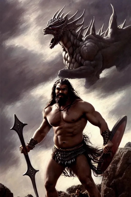 Image similar to beautiful portrait oil painting, jason momoa conan the barbarian thor standing on a rocky hill, wearing a warrior king crown and royal crimson fantasy ornate spartan dragon scale armor, wet skin and hair, muscular!!!, battle action pose, frank frazetta, boris vallejo, greg rutkowski, beautiful cinematic light, low angle, greg rutkowski, high contrast