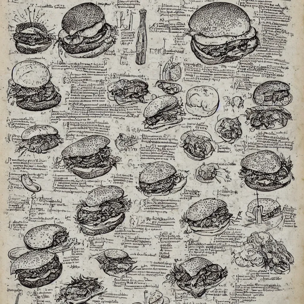 Prompt: illustrated recipe for an hamburger, lot of medieval enluminures in the background, found schematic in a notebook