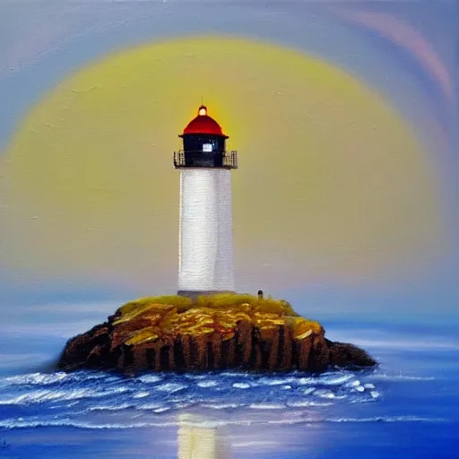 Image similar to oil painting of little lighthouse on the moon