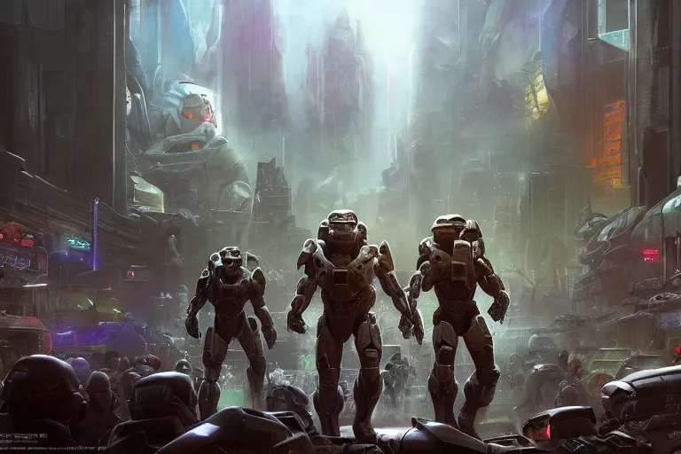 Prompt: 7 0 mm film still from halo, epic majestic utopian halo master chief statue surrounded by a crowd of people in a retrofuture city street by ralph horsley, rossdraws, matte painting, stylized background, cinematic lighting, maya, pixar, unreal engine, artstation