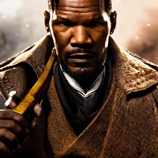 Prompt: Jamie Foxx as Django from Django Unchained in 'Gears of War', splash art, movie still, cinematic lighting, detailed face, dramatic, octane render, long lens, shallow depth of field, bokeh, anamorphic lens flare, 8k, hyper detailed, 35mm film grain