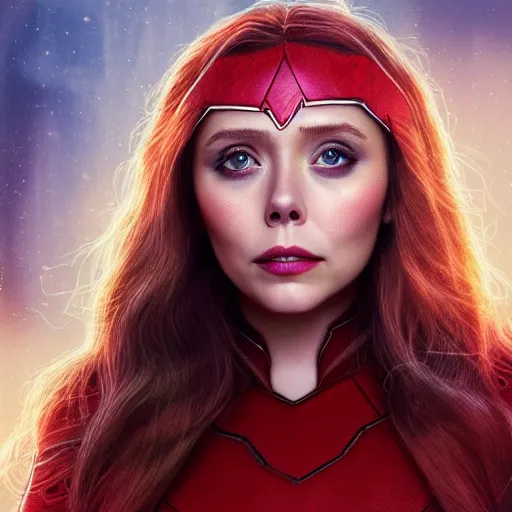 Image similar to A portrait of elizabeth Olsen as scarlet witch with horns, cinematic, digital art, amazing detail