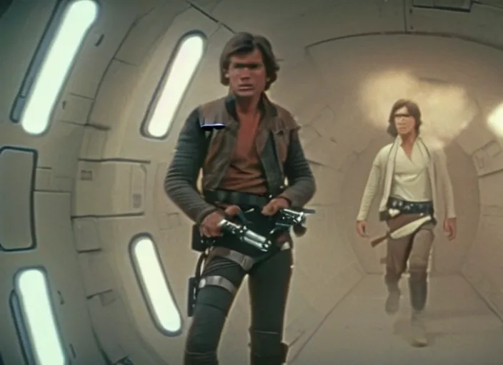 Image similar to screenshot of portrait Han Solo shooting his laser blaster, iconic scene from 1970s film by Stanley Kubrick, the lost Star Wars Film, moody hazy lighting, stunning cinematography, hyper-detailed, crisp, anamorphic lenses, kodak color film stock, 4k