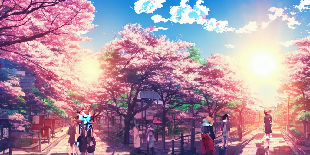Image similar to anime style cityscape, spring season anime city, cherry blossoms in the wind, day time, sun high in the sky, sun glare, clear weather, blue sky, tokyo japan, people walking, high detail and very sharp, detailed shading, artstation, wallpaper, kyoto animation productions, a silent voice