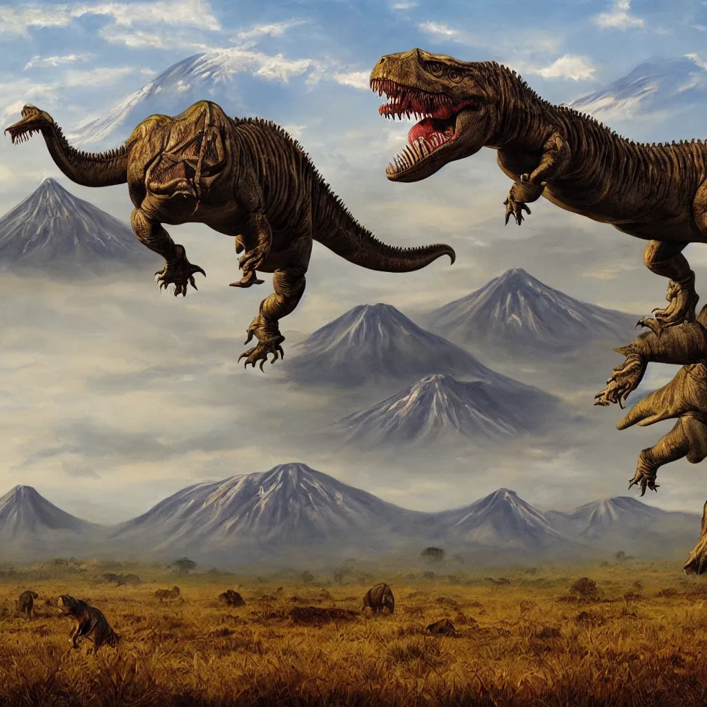 Prompt: a highly-detailed painting of a large t-rex walking through a vast savanna with mountains and volcanoes in the background