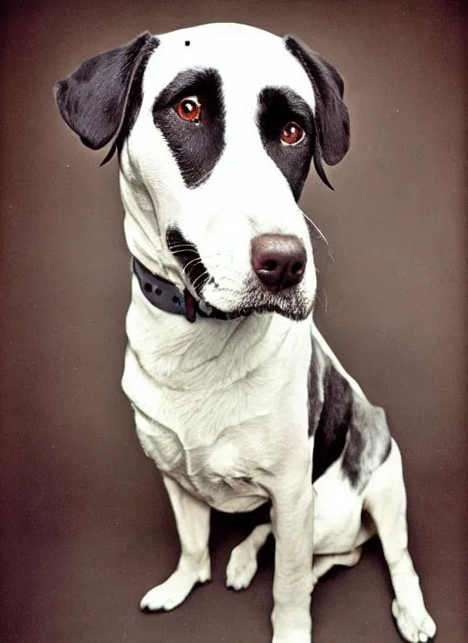 Image similar to a lumpy black dog, white hairs, short, fat, mutt, pitt, lab, photorealistic leica s photograph, kodachrome, psychedelic, platon