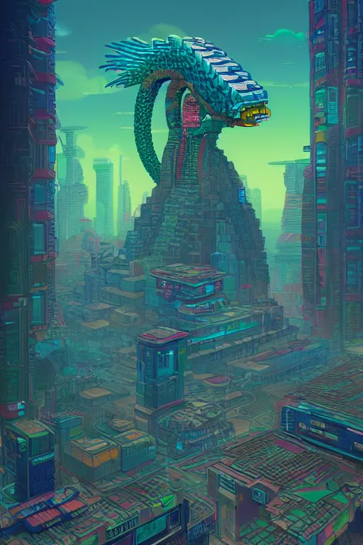 Image similar to A beautiful painting of quetzalcoatl in cyberpunk gotic style, pixelart by Studio Ghibli and Moebius, octane render, zbrush, extremely detailed, pastel colors, trending on artstation
