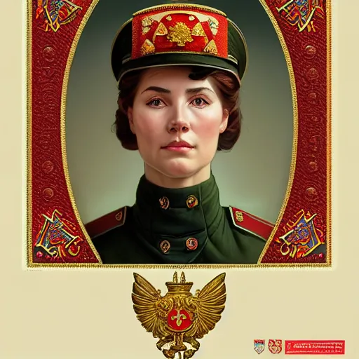 Image similar to a portrait of a female soviet officer, upper half portrait, decorated with soviet motifs, russian soviet motifs, soviet, traditional russia, intricate, elegant, highly detailed, symmetry, headpiece, digital painting, artstation concept art smooth sharp focus, illustration, art by artgerm and greg rutkowski alphonse mucha 8 k