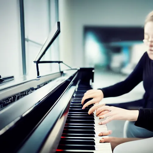 Image similar to a cyborg playing the piano in a futuristic apartment, award winning art, 4k, highly detailed, sharp focus, cinematic lighting, smooth