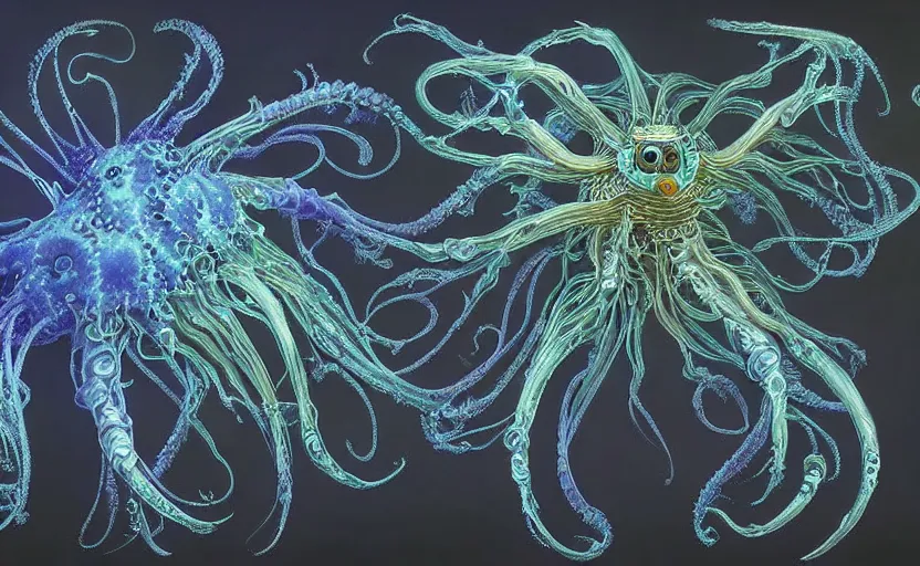 Image similar to sci - fi biomechanical, colored, unreal engine, fractal flame, monster character design, fantasy. intricate jellyfish crab eagle lizard biomechanical. by ernst haeckel