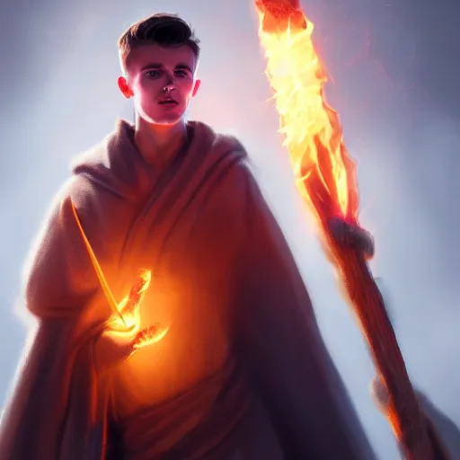 Prompt: Mason Mount wearing beggars robe holding a glowing fire magical staff. Trending on Artstation, octane render, ultra detailed, art by Ross tran