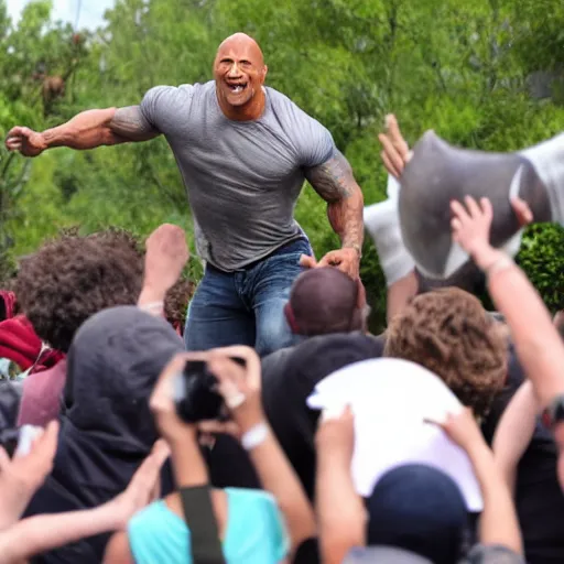 Prompt: photo of Dwayne Johnson throwing a rock to a group of his exited fans