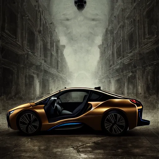 Prompt: bmw i 8 creepy, nightmare, dream - like heavy atmosphere, neoclassic, baroque painting, beautiful detailed intricate insanely detailed octane render trending on artstation, 8 k artistic photography, photorealistic, volumetric cinematic light, chiaroscuro, raphael, caravaggio, beksinski, giger, rembrandt