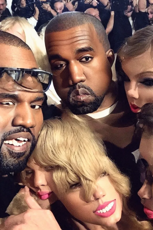 Image similar to Kanye West selfie with Taylor Swift, trending on twitter, trending on Instagram, viral photo