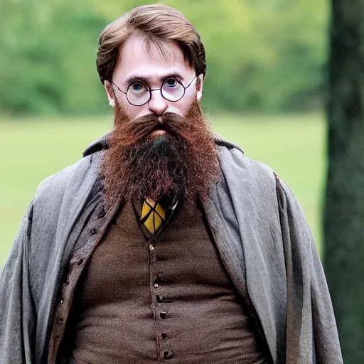 Image similar to harry potter with long beards and beautiful mustache, combing his beard
