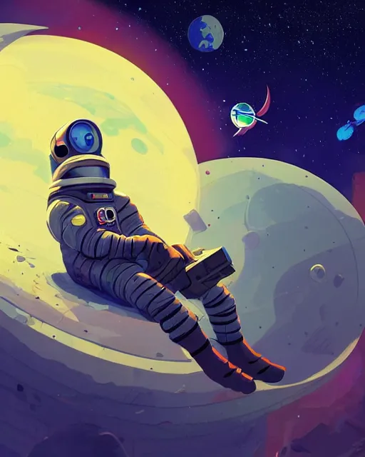 Prompt: an Astronaut lie relaxed on a crescent moon between the stars and the planets in outer space, cosmonaut post grunge concept art,4k, trending on artstation by josan gonzalez and tyler edlin