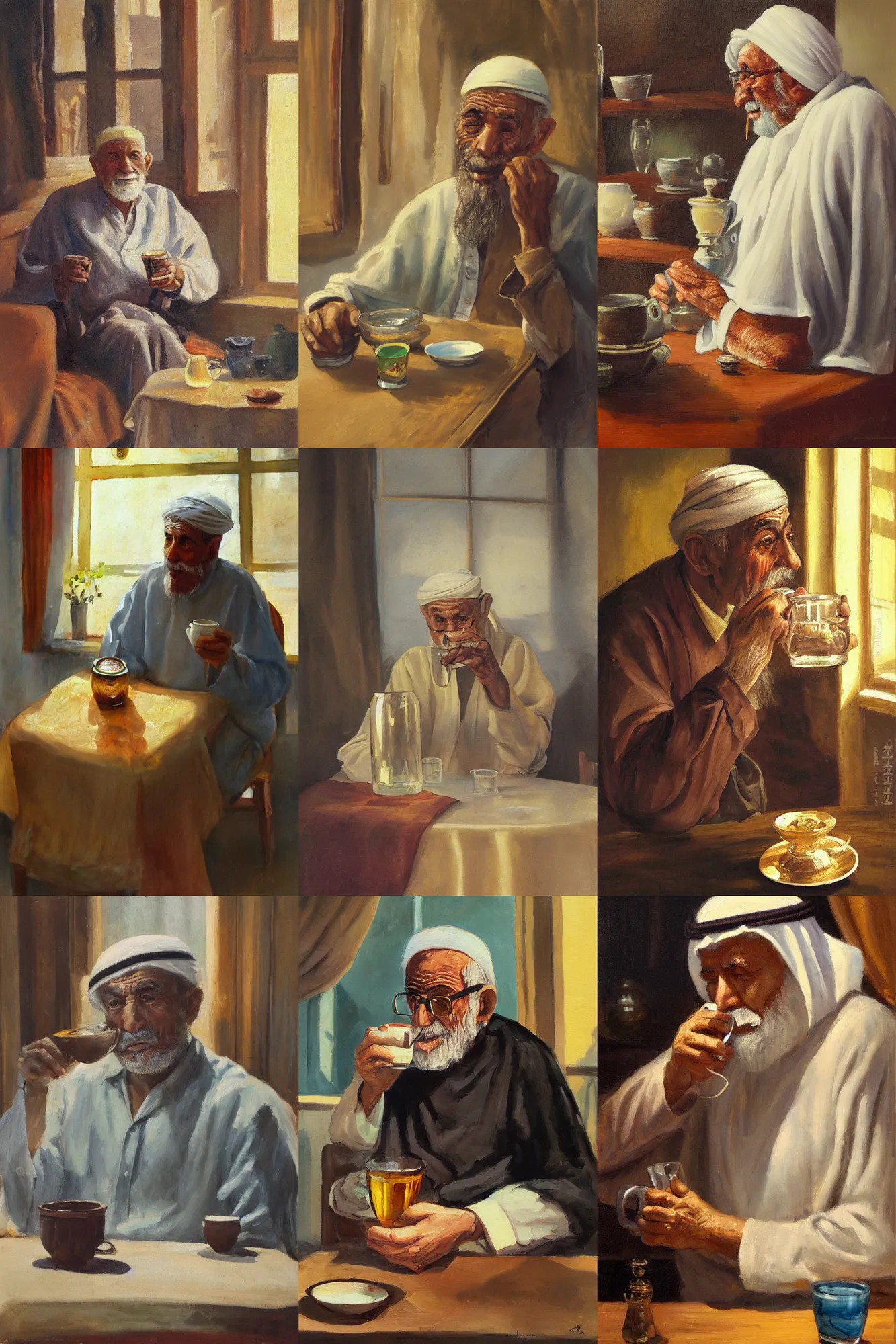 Prompt: old arab man drinking from a glass cup of tea, oil painting, cozy, sunlight, refraction, glassware, teahouse