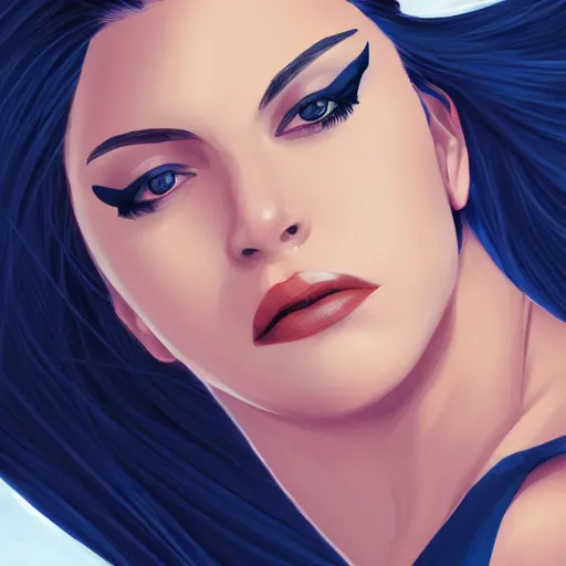 Image similar to a stunning upper body portrait of a beautiful woman with navy blue hair blowing in the wind by marvel comics, digital art, trending on artstation