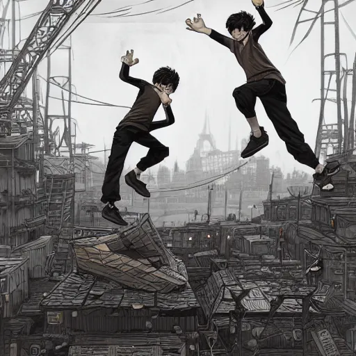 Image similar to rpg character concept art, twin brothers being cute doing acroyoga in a junkyard, no soup, intricate detail, in the style of jamie hewlett killian eng kawase hasui riyoko ikeda, 3 d render, artstation trending, 8 k, octane render, photorealistic, volumetric lighting caustics, sharp detail, manga, black and white