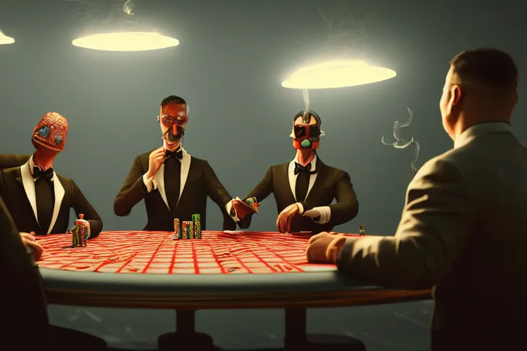 Image similar to hyperrealism simulation highly detailed human turtles'wearing detailed tuxedos and smoking, playing poker in surreal scene from cyberpunk movie from future by wes anderson and denis villeneuve and mike winkelmann rendered in blender and octane render