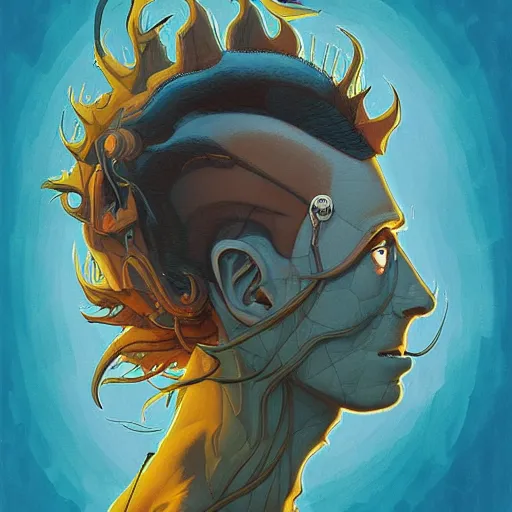 Image similar to humandesign mohawk projector portrait by gaston bussierre and charles vess and james jean and erik jones and rhads, inspired by rick and morty, epic, funny, huge scale, beautiful fine face features, intricate high details, sharp, ultradetailed