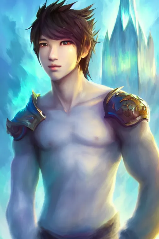 Image similar to fullbody portrait of a male fit hero with strange hairs, soft smile, final fantasy, league of legends champion, strong iridescent light, by chengwei pan and sakimichan, gradient white to gold, in front of a magical building background, highly detailed portrait, digital painting, smooth, focus illustration