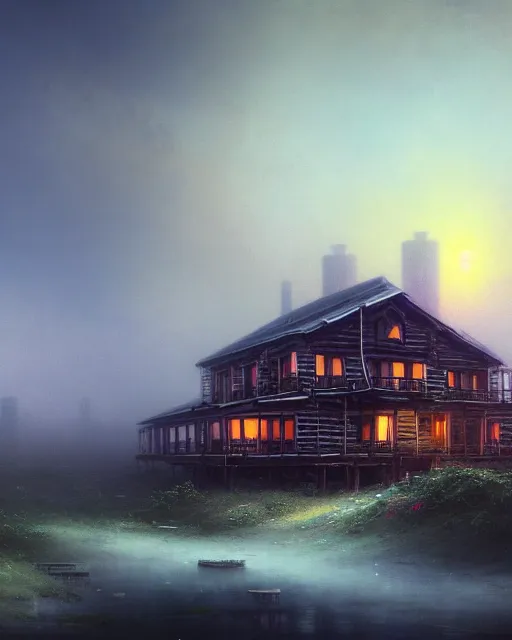 Image similar to a beautiful photorealistic illustration of city log house urbex abandoned unfinished building architecture nature building industrial architecture by ivan aivazovsky, flowers vaporwave at night at dusk fantasy, archdaily, wallpaper, highly detailed, trending on artstation.