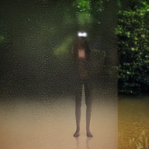 Prompt: mirage illusion of a person made of myst and water in the rain