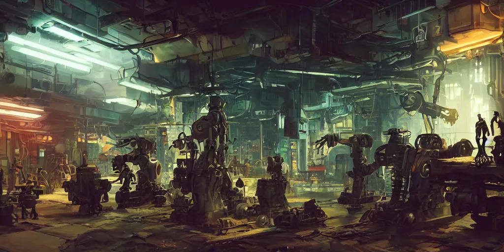 Image similar to concept art, realistic dieselpunk robot repair workshop, neon glow, volumetric lighting, strong shadows, reflections, high contrast, glowing robot motifs, octane render, curves, bladerunner, loish, syd mead, akihiko yoshida, cinematic