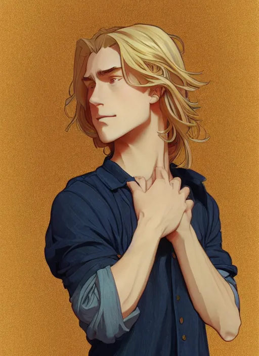 Image similar to pretty young man with shoulder length shiny shimmering golden blond hair, half body shot, path traced, highly detailed, high quality, digital painting, by studio ghibli and alphonse mucha, leesha hannigan, hidari, disney