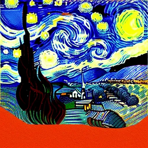 Image similar to starry night on mars, red dust, snakes, dim distant light, towers, painting by van gogh