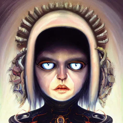 Image similar to portrait of small, cute, rubbery, huge-eyed, big-lipped albino mutant priestess with elaborate white hair with serious expression; science fiction concept art by Anato Finnstark, Margaret Keane, Greg Rutkowski