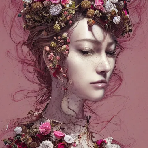 Image similar to the portrait of an absurdly beautiful, graceful, elegant, sophisticated, fashionable young woman made of strawberries and white petals with tears, an ultrafine hyperdetailed illustration by kim jung gi, irakli nadar, intricate linework, bright colors, octopath traveler, final fantasy, unreal engine 5 highly rendered, global illumination, radiant light, detailed and intricate environment