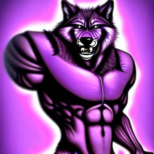 Prompt: anthropomorphic muscular purple wolf, generic furry style, wearing jeans, deviant art, professional furry drawing, insanely detailed, artistic design, hyper detailed wolf - like face, doing a pose from jojo's bizarre adventure, detailed veiny muscles, exaggerated features, beautiful shading, dramatic lighting, huge spikey teeth, grinning