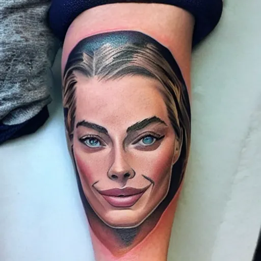 Prompt: face morph tattoo design of margot robbie with beautiful mountain scenery, in the style of arlo dicristina, amazing detail, mash up