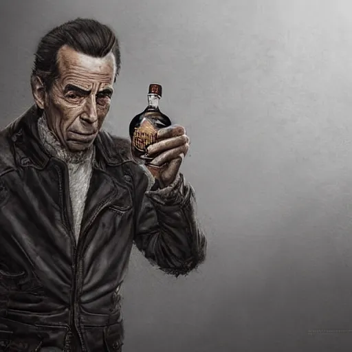Image similar to a highly detailed epic cinematic concept art CG render digital painting artwork costume design: beareded Humphrey Bogart, old scars, long hair, grizzled, tired, in an old 1950s leather jacket, with a bottle of whisky in hand. By Greg Rutkowski, Ilya Kuvshinov, WLOP, Stanley Artgerm Lau, Ruan Jia and Fenghua Zhong, trending on ArtStation, made in Maya, Blender and Photoshop, octane render, excellent composition, cinematic atmosphere, dynamic dramatic cinematic lighting, aesthetic, very inspirational, arthouse