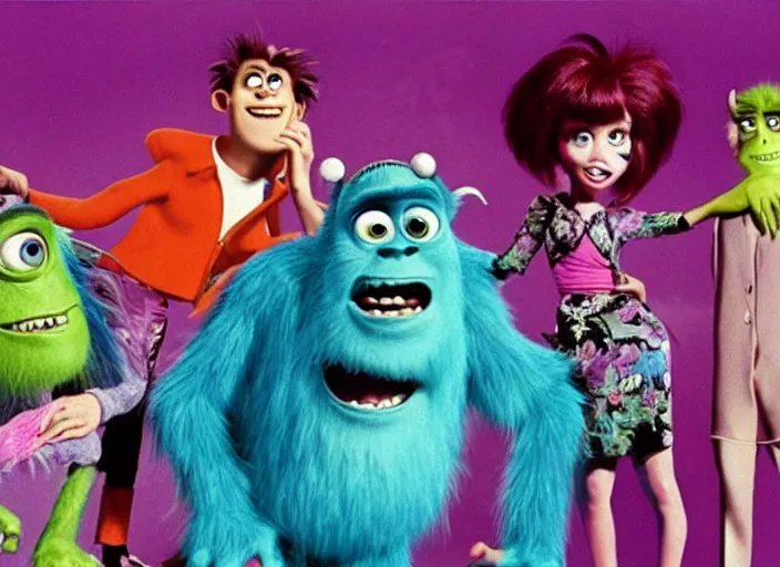 Image similar to monsters inc 1 9 8 0 s pop band, detailed facial expression, surrealism aesthetic