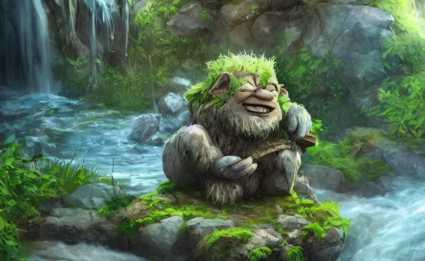 Image similar to a worn down troll made of stone with vegetation all over it relaxing in a stream of river next to a waterfall, a cute small robot on his shoulder sleeping, concept art, detailed, artstation, colourful lightning, sparkly water, peaceful, 4 k