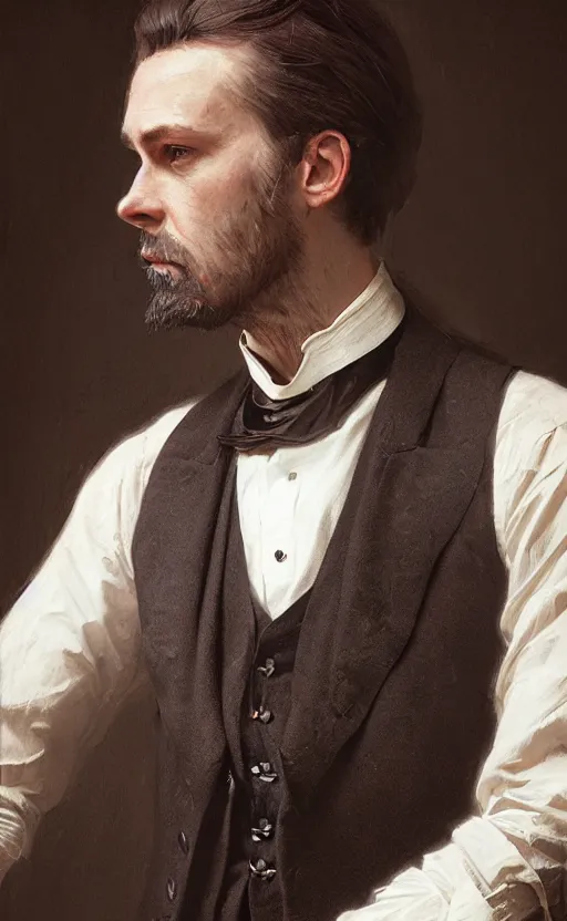 Image similar to portrait of a victorian gentleman wearing a waistcoat, male, detailed face, victorian, highly detailed, cinematic lighting, digital art painting by greg rutkowski