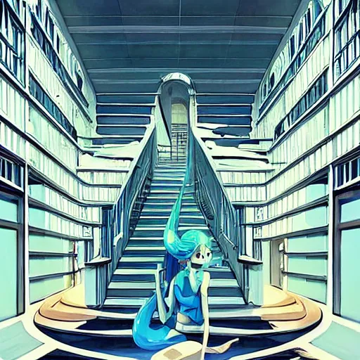 Image similar to a stunningly beautiful slimegirl woman in a bright white hallway with many doors and many stairs, Mc Escher architecture, epic composition, by Makoto Shinkai