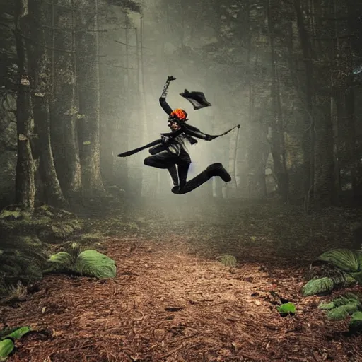 Prompt: An award winning photograph of a ninja in a moody forrest jumping, anime, steampunk, insanley detalied